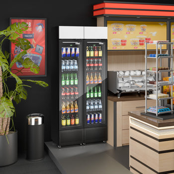 (2 szt.) Chłodziarka do napojów - 290 litrów - bezramkowy design - z 2 szklanymi drzwiami & wyświetlaczem reklamowym - Prime Gastro