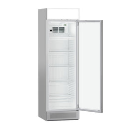 Szafa chłodnicza przeszklona PREMIUM - 358L - 595mm - bezramowe drzwi - 1‑drzwiowa, drzwi skrzydłowe, drzwi szklane - z podświetlanym panelem reklamowym - oświetlenie LED - cyfrowy wyświetlacz temperatury - 1–10°C