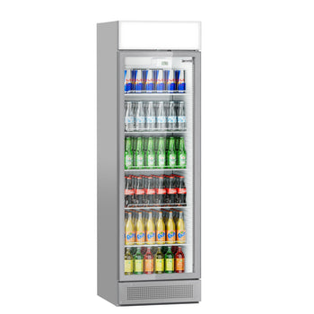 Szafa chłodnicza przeszklona PREMIUM - 358L - 595mm - bezramowe drzwi - 1‑drzwiowa, drzwi skrzydłowe, drzwi szklane - z podświetlanym panelem reklamowym - oświetlenie LED - cyfrowy wyświetlacz temperatury - 1–10°C