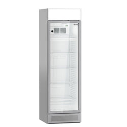 Szafa chłodnicza przeszklona PREMIUM - 358L - 595mm - bezramowe drzwi - 1‑drzwiowa, drzwi skrzydłowe, drzwi szklane - z podświetlanym panelem reklamowym - oświetlenie LED - cyfrowy wyświetlacz temperatury - 1–10°C