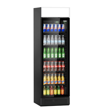 Szafa chłodnicza przeszklona PREMIUM - 145L - 595mm - bezramowe drzwi - z podświetlanym panelem reklamowym - oświetlenie LED - Czarna - Dla PL - 1–10°C