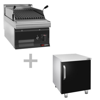 Grill gazowy z kamienia lawowego - 7 kW - uchylny ruszt grillowy - włącznie z podstawą z 1 drzwiczkami - Prime Gastro