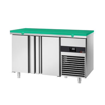 Stół mroźniczy PREMIUM - 1400x700 mm - z 2 drzwiami - włącznie z deską do krojenia w kolorze zielonym - Prime Gastro