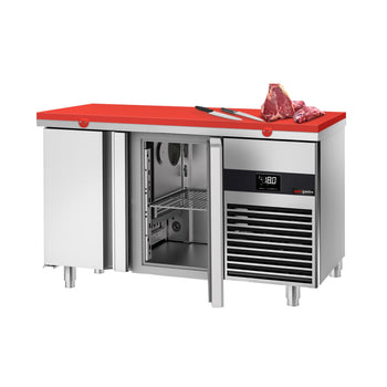 Stół mroźniczy PREMIUM - 1400x700mm - z 2 drzwiami - włącznie z deską do krojenia czerwony - Prime Gastro