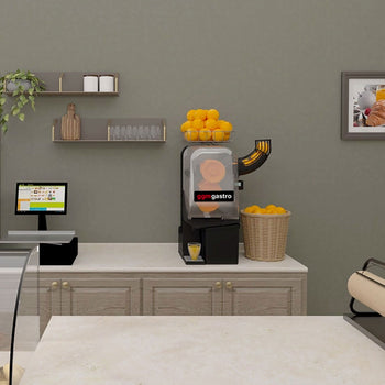 Elektryczna wyciskarka do pomarańczy - czarna - manualna regulacja podawania owoców -włącznie z kranikiem spustowym & trybem czyszczenia - Prime Gastro