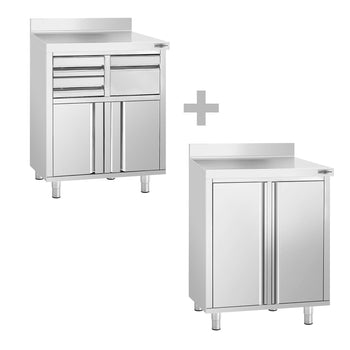 2x Szafki gastronomiczne robocze na ekspres do kawy - 800x600 mm - z drzwiami na zawiasach, szufladami, kołatką & panelem tylnym - Prime Gastro