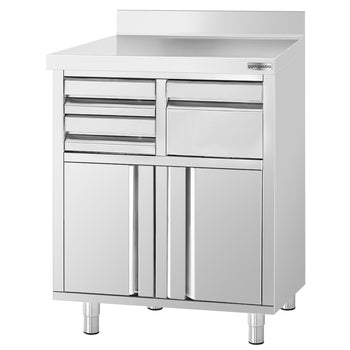 2x Szafki gastronomiczne robocze na ekspres do kawy - 800x600 mm - z drzwiami na zawiasach, szufladami, kołatką & panelem tylnym - Prime Gastro