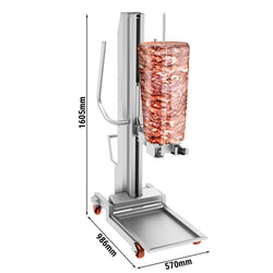 Podnośnik do kebaba dla robotów do dönera - stal nierdzewna AISI 430, satyna Scotch - Brite - Ø620mm - 570x986x1605mm - 94kg - do robota do dönera - z tacą ociekową i kołkami - max. udźwig 350kg