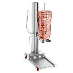 Podnośnik do kebaba dla robotów do dönera - stal nierdzewna AISI 430, satyna Scotch - Brite - Ø620mm - 570x986x1605mm - 94kg - do robota do dönera - z tacą ociekową i kołkami - max. udźwig 350kg