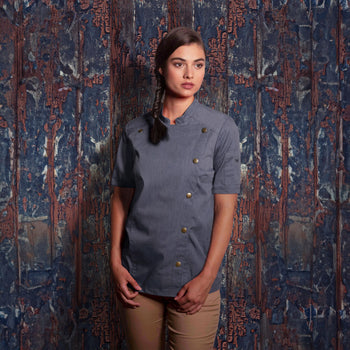 KARLOWSKY | Damska bluza kucharska z krótkim rękawem Styl dżinsowy - Czarny w stylu Vintage - Rozmiar: 38 - Prime Gastro