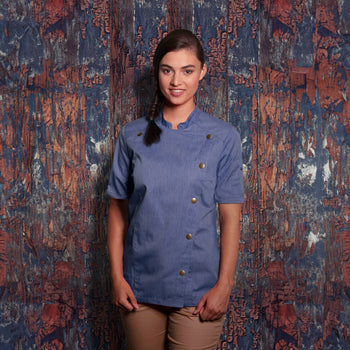 KARLOWSKY | Damska bluza kucharska z krótkim rękawem Styl dżinsowy - Niebieski w stylu Vintage - Rozmiar: 50 - Prime Gastro