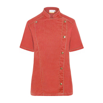 KARLOWSKY | Damska bluza kucharska z krótkim rękawem Styl dżinsowy - Czerwony w stylu Vintage - Rozmiar: 34 - Prime Gastro