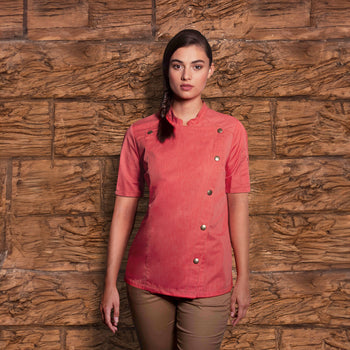 KARLOWSKY | Damska bluza kucharska z krótkim rękawem Styl dżinsowy - Czerwony w stylu Vintage - Rozmiar: 36 - Prime Gastro