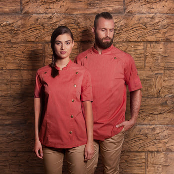 KARLOWSKY | Damska bluza kucharska z krótkim rękawem Styl dżinsowy - Czerwony w stylu Vintage - Rozmiar: 48 - Prime Gastro