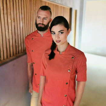 KARLOWSKY | Damska bluza kucharska z krótkim rękawem Styl dżinsowy - Czerwony w stylu Vintage - Rozmiar: 48 - Prime Gastro