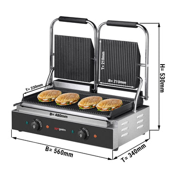 Grill kontaktowy - 3,6 kW - Ryflowana górna i dolna część - Powierzchnia grilla: 485x235 mm - Prime Gastro