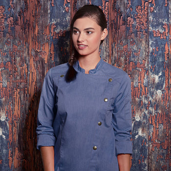 (6 sztuk) KARLOWSKY | Damska bluza kucharska Styl dżinsowy - Niebieski w stylu Vintage - Rozmiar: 52 - Prime Gastro