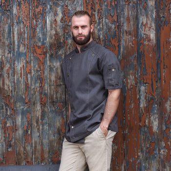 KARLOWSKY | Dżinsowa bluza kucharska z krótkim rękawem - w stylu Vintage Czarny - Rozmiar: 46 - Prime Gastro