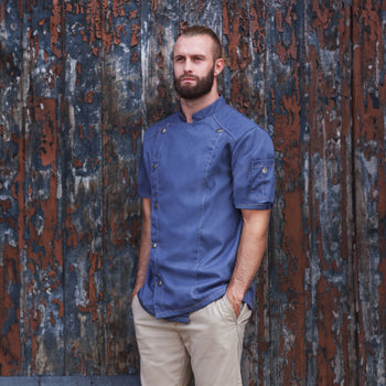 KARLOWSKY | Dżinsowa Bluza kucharska z krótkim rękawem - w stylu Vintage Niebieski - Rozmiar: 56 - Prime Gastro