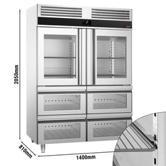 Chłodziarka ze stali nierdzewnej PREMIUM - GN 2/1 - 1400 litrów - z 2 szklanymi półdrzwiami & 4 szklanymi szufladami