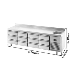 Premium PLUS Refrigerated Table - 2452x600 mm - with 1 sink, 12 drawers & back panel