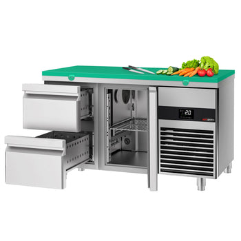Stół chłodniczy PREMIUM - 1400x700 mm - z 1 drzwiami i 2 szufladami - włącznie z deską do krojenia w kolorze zielonym - Prime Gastro
