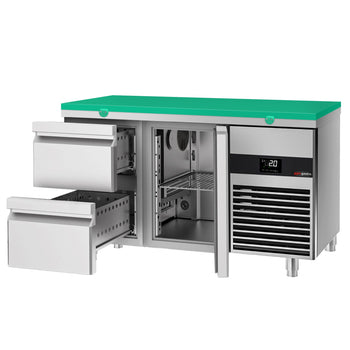 Stół chłodniczy PREMIUM - 1400x700 mm - z 1 drzwiami i 2 szufladami - włącznie z deską do krojenia w kolorze zielonym - Prime Gastro