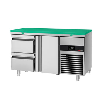 Stół chłodniczy PREMIUM - 1400x700 mm - z 1 drzwiami i 2 szufladami - włącznie z deską do krojenia w kolorze zielonym - Prime Gastro