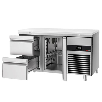 Stół chłodniczy PREMIUM - 1400x700 mm - z 1 drzwiami i 2 szufladami - włącznie z deską do krojenia, biała - Prime Gastro