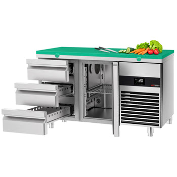 Stół chłodniczy PREMIUM - 1400x700 mm - z 1 drzwiami i 3 szufladami - włącznie z deską do krojenia w kolorze zielonym - Prime Gastro