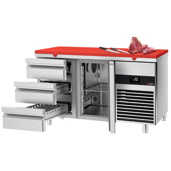 Stół chłodniczy PREMIUM - 1400x700 mm - z 1 drzwiami i 3 szufladami - włącznie z deską do krojenia w kolorze czerwonym - Prime Gastro