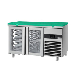 Stół chłodniczy PREMIUM - 1400x700 mm - z 2 szklanymi drzwiami - włącznie z deską do krojenia w kolorze zielonym