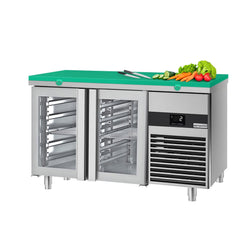Stół chłodniczy PREMIUM - 1400x700 mm - z 2 szklanymi drzwiami - włącznie z deską do krojenia w kolorze zielonym