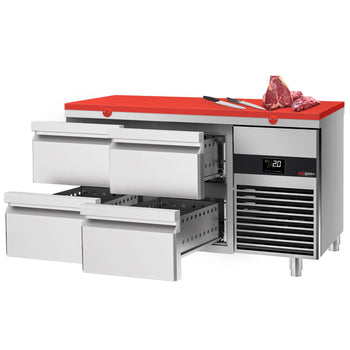 Stół chłodniczy PREMIUM - 1400x700mm - z 4 szufladami - włącznie z deską do krojenia czerwona - Prime Gastro