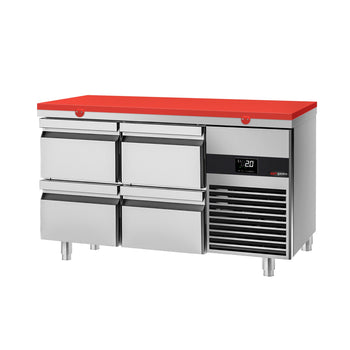 Stół chłodniczy PREMIUM - 1400x700mm - z 4 szufladami - włącznie z deską do krojenia czerwona - Prime Gastro