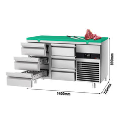 PREMIUM refrigerated table - 1400x700mm - with 6 drawers - including green chopping board