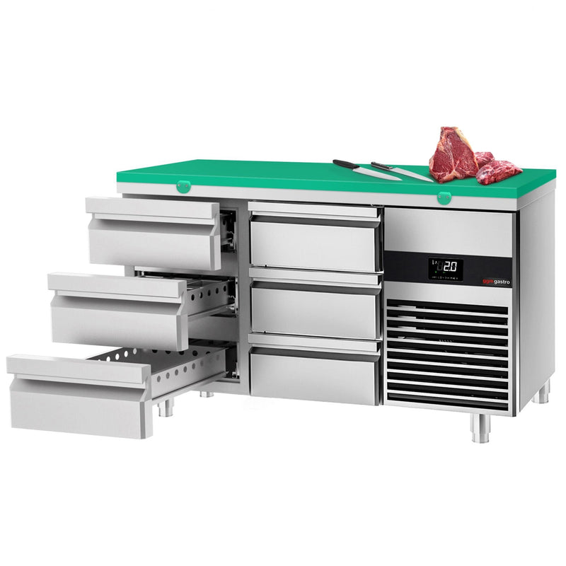 Stół chłodniczy PREMIUM - 1400x700mm - z 6 szufladami - włącznie z deską do krojenia zielona