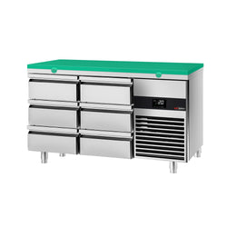 Stół chłodniczy PREMIUM - 1400x700mm - z 6 szufladami - włącznie z deską do krojenia zielona