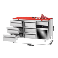 PREMIUM refrigerated table - 1400x700mm - with 6 drawers - including a red cutting board