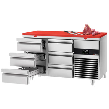 Stół chłodniczy PREMIUM - 1400x700mm - z 6 szufladami - włącznie z deską do krojenia czerwona - Prime Gastro