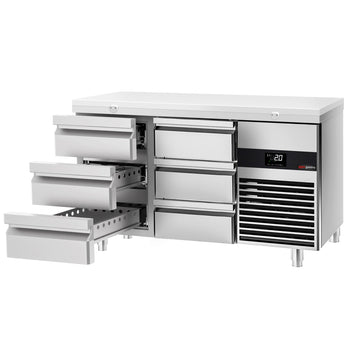 Stół chłodniczy PREMIUM - 1400x700mm - z 6 szufladami - włącznie z deską do krojenia biała - Prime Gastro