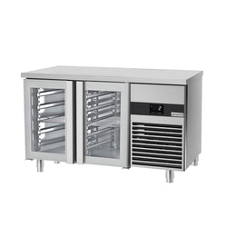 Stół chłodniczy PREMIUM - 1400x700 mm - z 2 szklanymi drzwiami - włącznie z deską do krojenia w kolorze zielonym