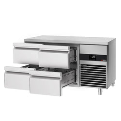 Stół chłodniczy PREMIUM – 1400 x 700 mm – z 4 szufladami – w zestawie deska do krojenia zielona