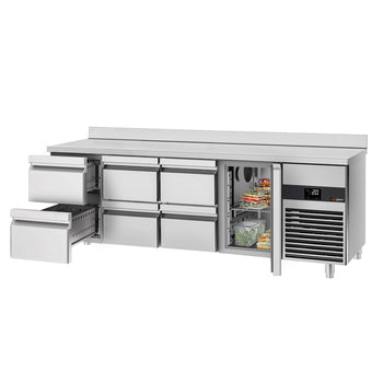 Stół chłodniczy PREMIUM - 2330x700 mm - z 1 drzwiami & 6 szufladami & panelem tylnym - Prime Gastro