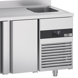 Stół chłodniczy PREMIUM - 1430x700 mm - z 2 drzwiami, 1 zlewem po prawej stronie & panelem tylnym
