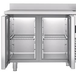 Stół chłodniczy PREMIUM - 1430x700 mm - z 2 drzwiami, 1 zlewem po prawej stronie & panelem tylnym