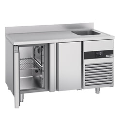 Stół chłodniczy PREMIUM - 1430x700 mm - z 2 drzwiami, 1 zlewem po prawej stronie & panelem tylnym