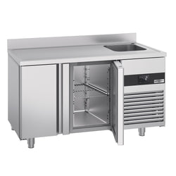 Stół chłodniczy PREMIUM - 1430x700 mm - z 2 drzwiami, 1 zlewem po prawej stronie & panelem tylnym