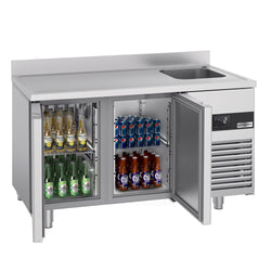 Stół chłodniczy PREMIUM - 1430x700 mm - z 2 drzwiami, 1 zlewem po prawej stronie & panelem tylnym