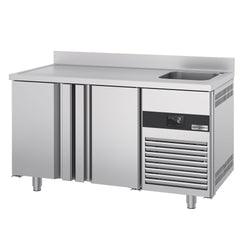 Stół chłodniczy PREMIUM - 1430x700 mm - z 2 drzwiami, 1 zlewem po prawej stronie & panelem tylnym